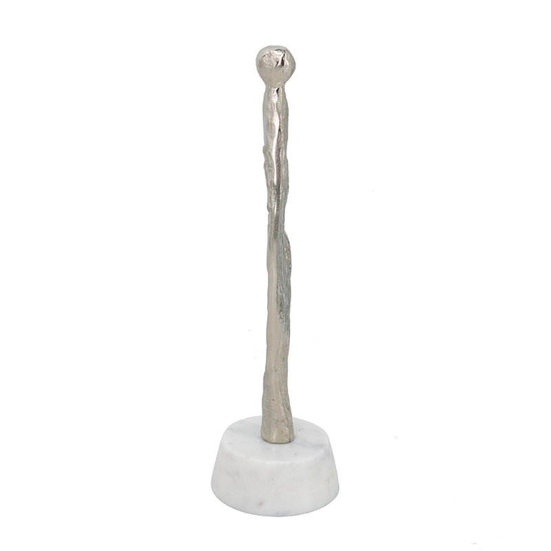 Figurine humaine abstraite en aluminium sur support en marbre 3 po x 2,5 po x 11 po argent / blanc