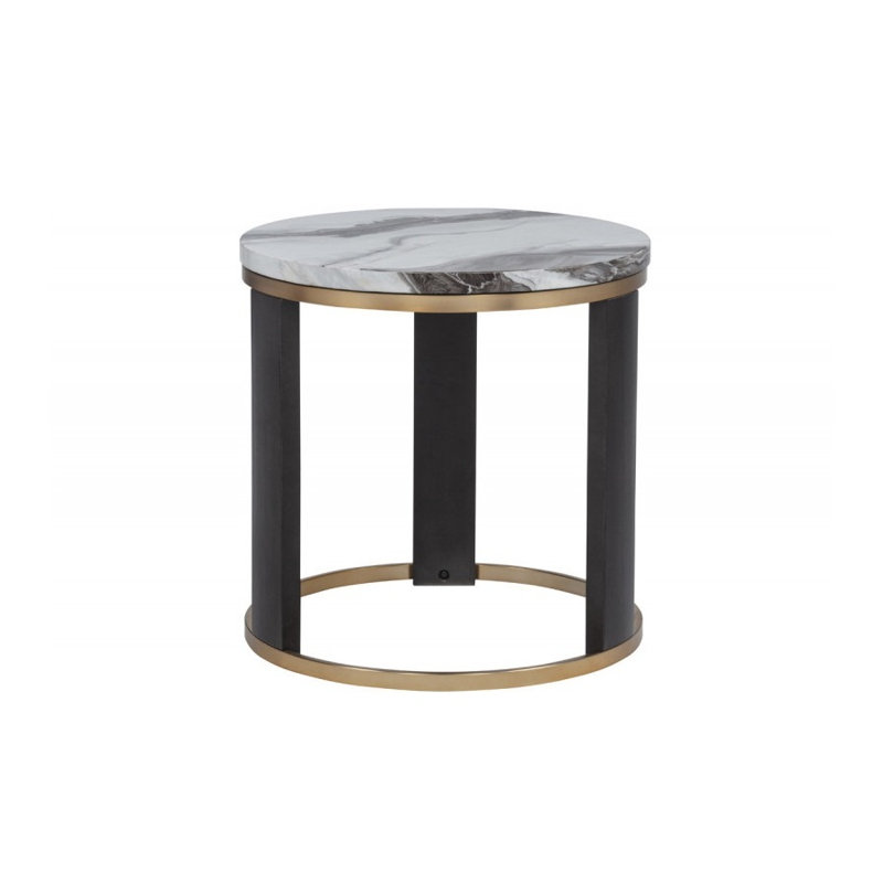 Table de bout ronde en faux marbre 24 po avec structure en métal doré et pieds en finition noyer