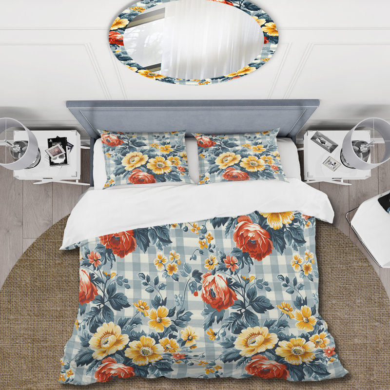 Ensemble de housse de couette à imprimé guingan jaune et bleu, Housse de couette très grand + 2 taies décorativ