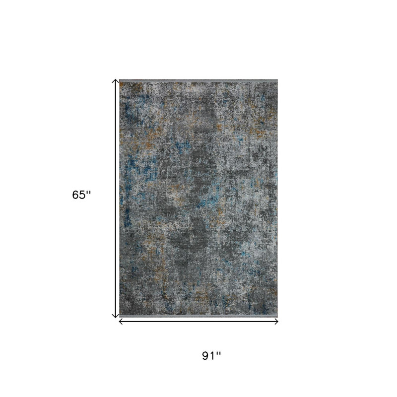 Tapis abstrait bleu et gris 7 pi x 10 pi avec franges