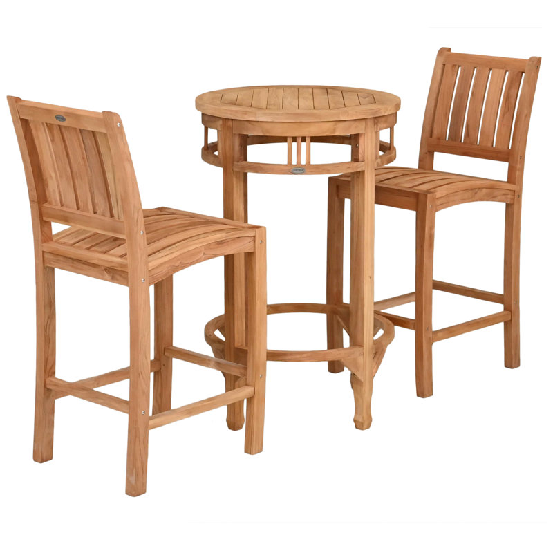Teak Wood Bistro Bar Set Including Round Orleans Bar Table And Abacho Barstools, 43" H x 27" L x 27" W, 2