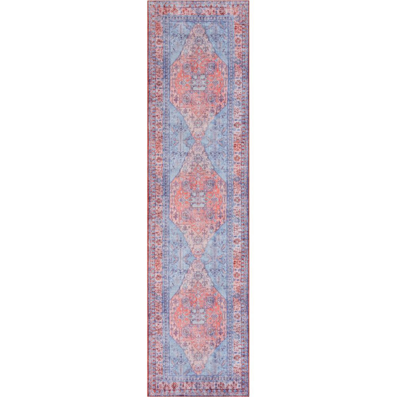 Nile Vintage Medallion Flatweave Blue/Red Machine Washable Area Rug, Runner 76 x 300 cm