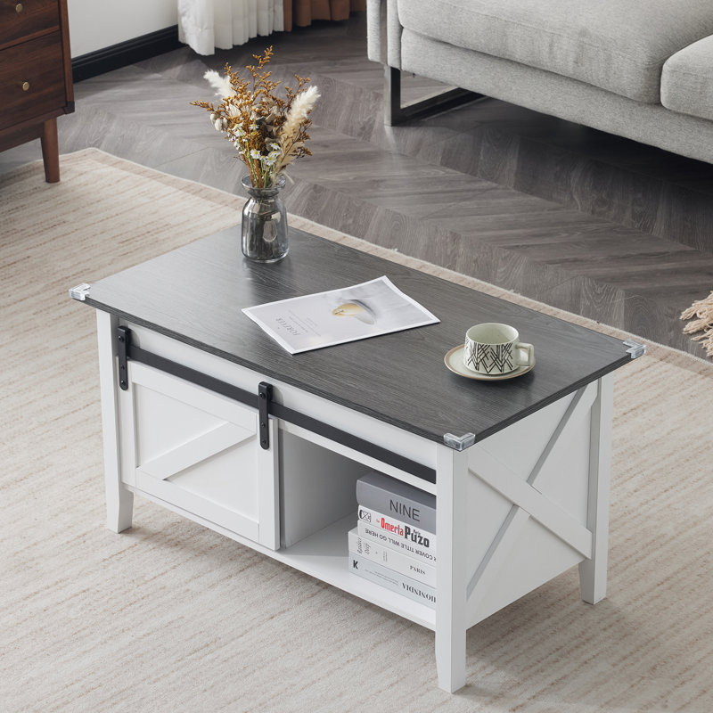 Table basse avec plateau relevable et rangement, Blanc, Gris