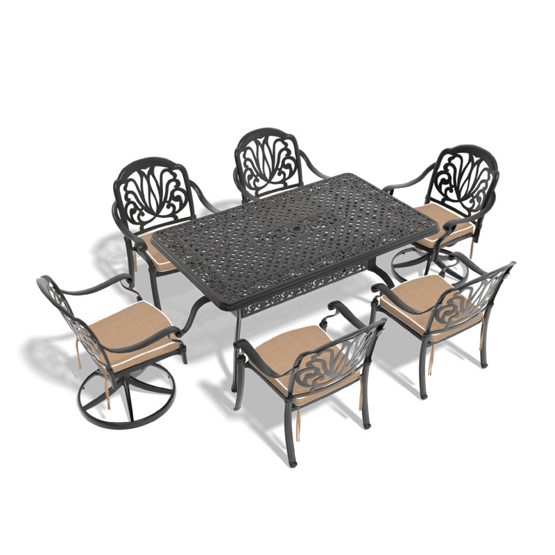 Ensemble de salle à manger 7 pièces en fonte d'aluminium toutes saisons comprenant 2 chaises pivotantes, 4 chaises et une table rectangulaire avec cadre