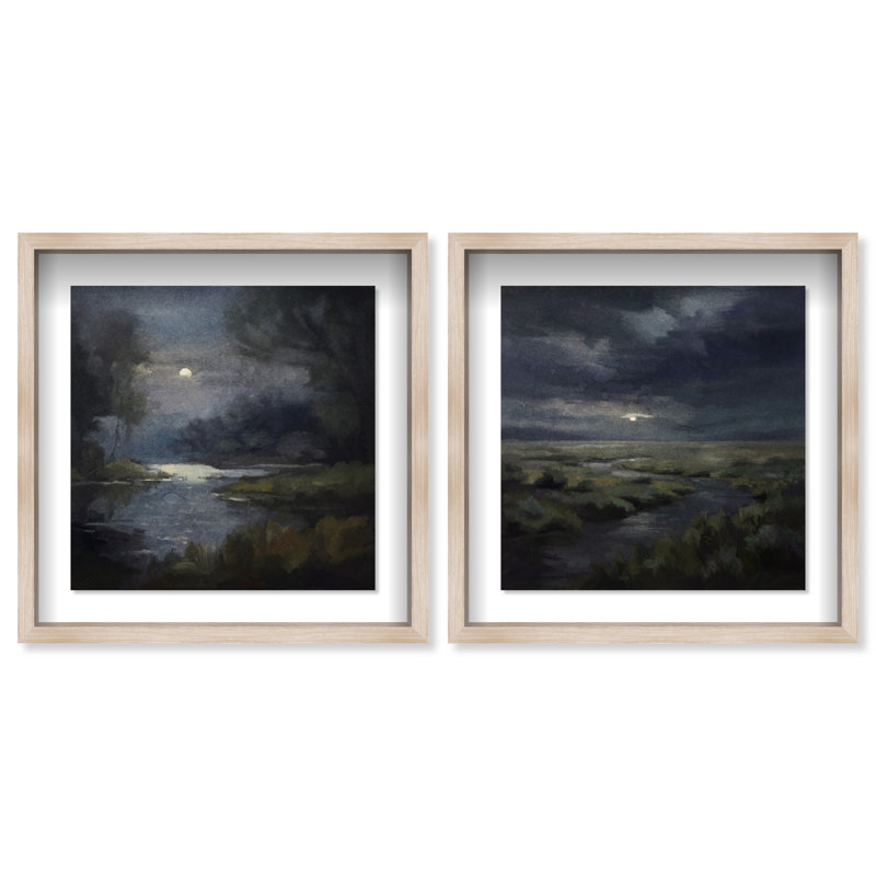 Ensemble de 2 impressions sous cadre « Lune cachée » d'Oliver Gal, représentant un paysage et la nature., Cadre blond