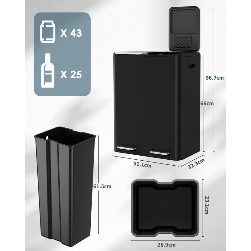 Stainless Steel Step On Multi-Compartment Rubbish & Recycling Bin - 60L, Matte Black