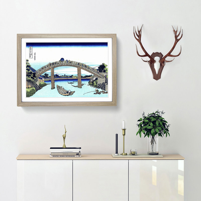 Bridge over the River by Katsushika Hokusai - Picture Frame Painting Print, 27cm H x 36cm W x 2cm D, Oak Framed