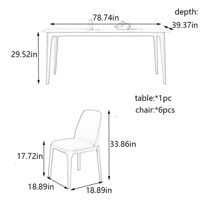 Rock plate solid wood dining table and chair set, 29.52"H x 78.74"L x 39.37"W