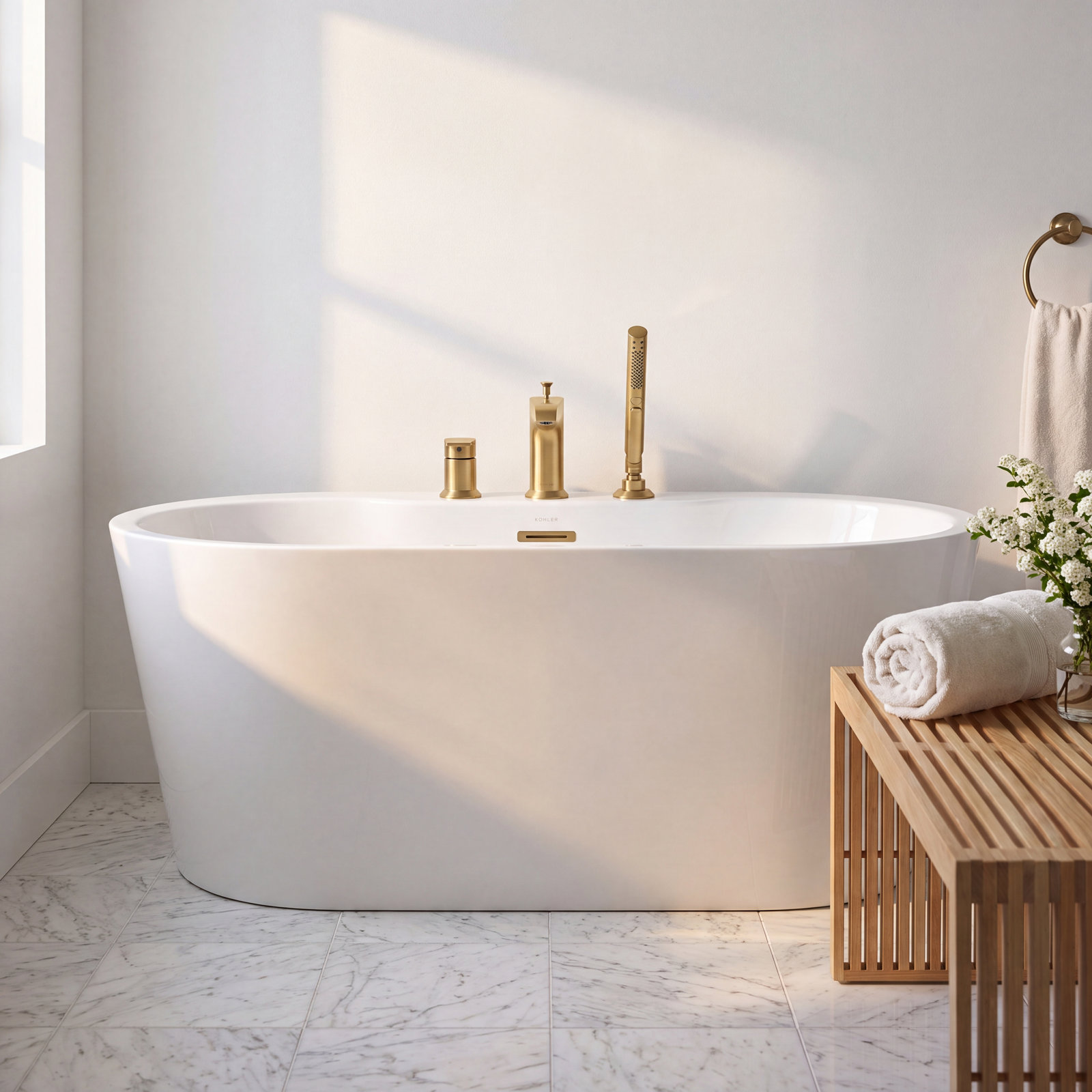Hint Deck-Mount Bath Faucet with Handshower, Vibrant Brushed Moderne Brass