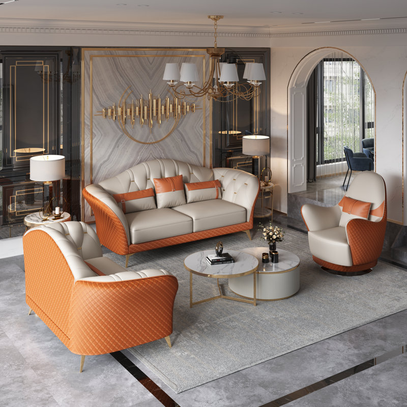 3 Pieces Amalia Sofa Set White Orange Italian Leather, Off White/Orange Genuine Leather
