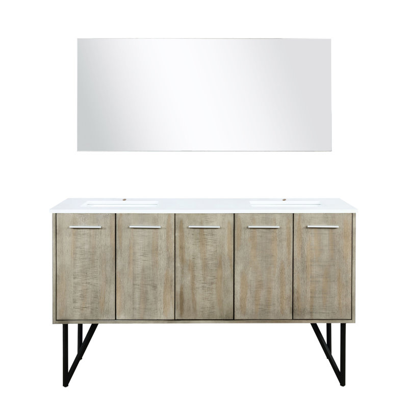 Rustic Double Vanity For Bath 60 In. W X 20 D, White Quartz Counter, 55 Mirror, Soft - Closing Function And Plenty Of Storage Areas Wide Bathroom With Surface, Close Cabinet Scratch