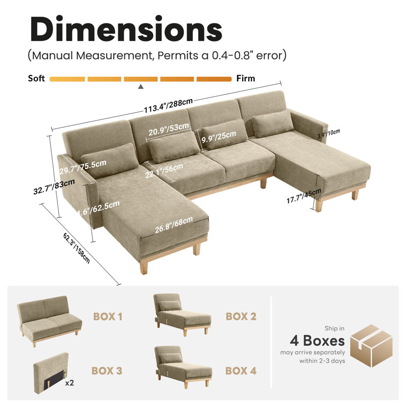 113.4" W U-Shaped Chenille Sectional Sofa With 2 Chaises, 3-Level Adjustable Backrest & Solid Wood, Khaki Chenille