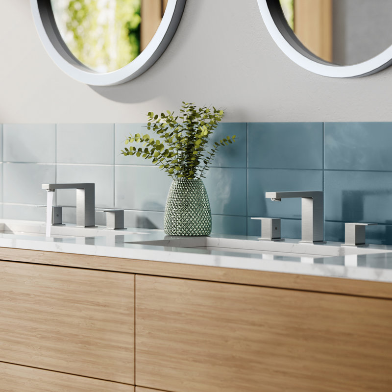 Square Widespread Bathroom Faucet 3 Hole, 2-handle Bathroom Sink Faucet with Drain Assembly, Stainless Steel, 1.8