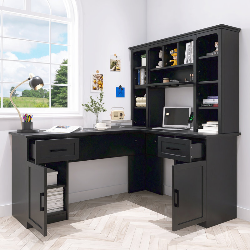 Bureau d'ordinateur en L, 2 armoires et 2 tiroirs, station de charge intégrée, bureau de travail polyvalent pour bureau, salon et bureau à domicile