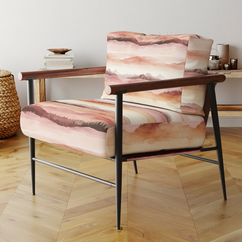 Chaise rembourrée Boho - Fauteuil rose chaud Horizon, Bras ronds bruns