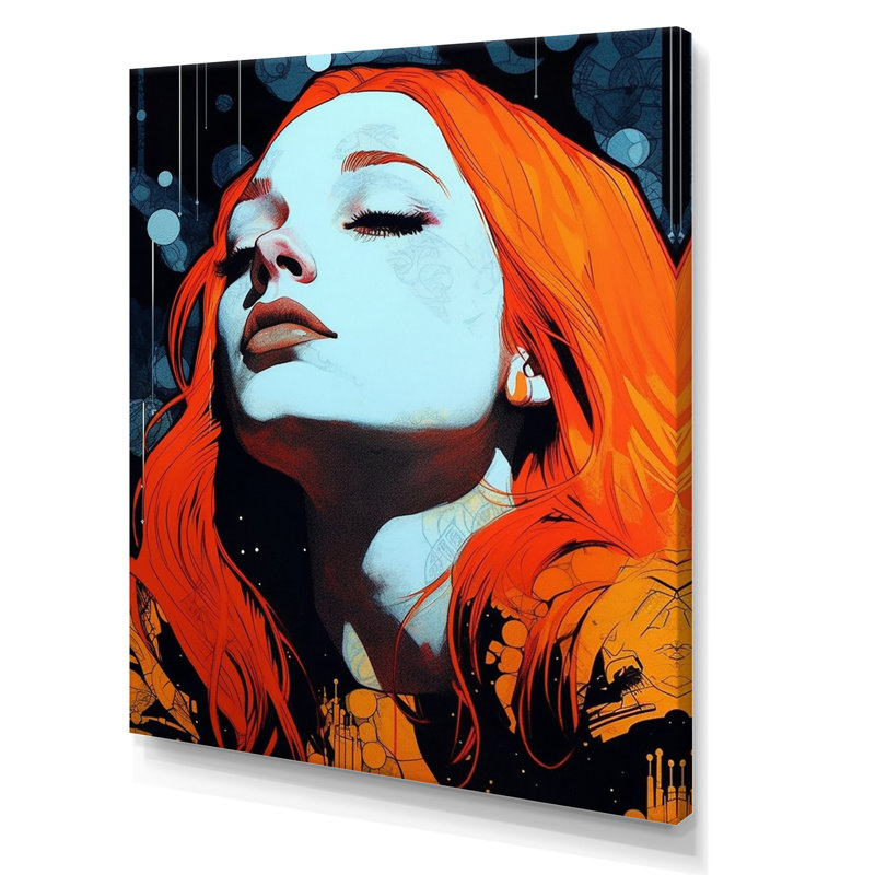 Illustration rétro d'une belle rousse rêveuse, H 20 po x l 12 po x P 1 po, Toile tendue