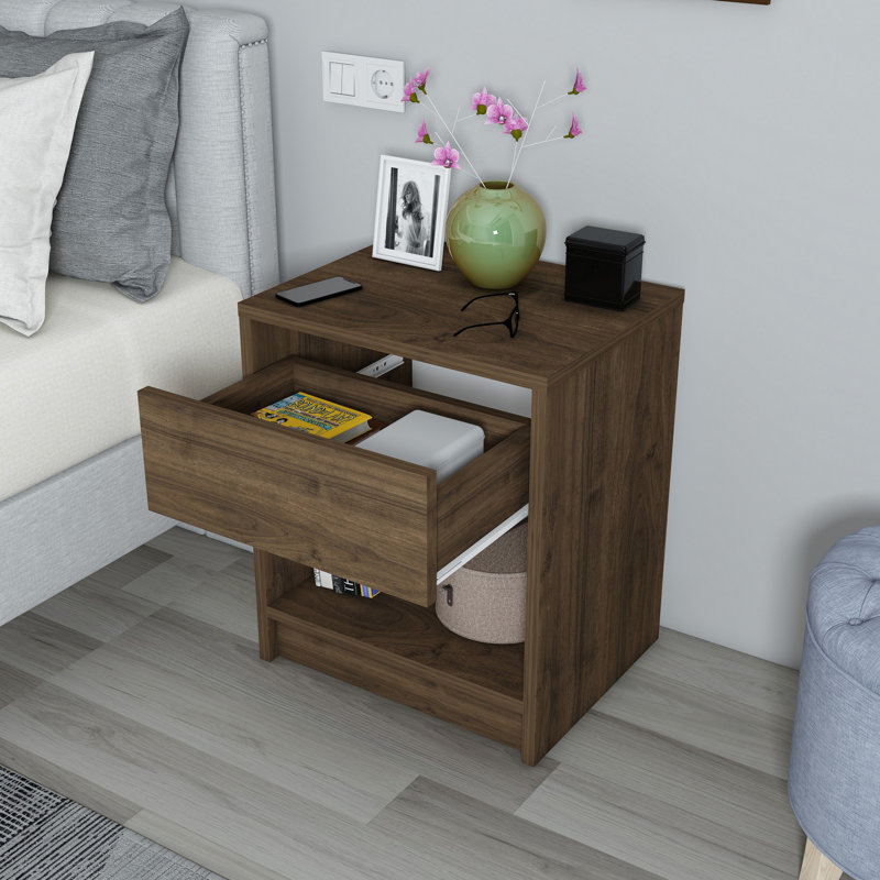Stylish Nightstand with Wall-Mount Option, Walnut Finish, 17.6 x 20.8 x 14.1 inches | 100% Chipboard Construction, Space-Saving Design | Ideal for Modern Bedrooms, Elegant & Functional Storage Solution