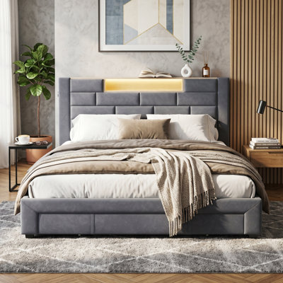 UK Grey Velvet Storage Bed with USB-C Charging Ports, Upholstered Bed Frame with 3 Drawers & App-Controlled RGB LED Headboard