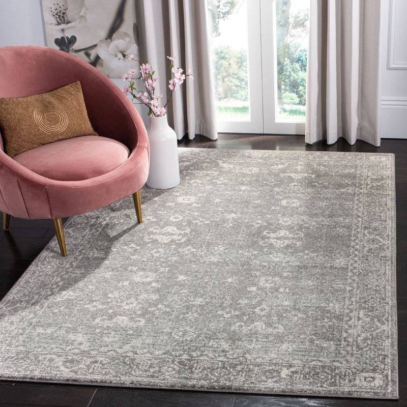 Tapis oriental gris / ivoire tissé à la machine Paschke, Rectangle 6 pi 7 po x 9 pi