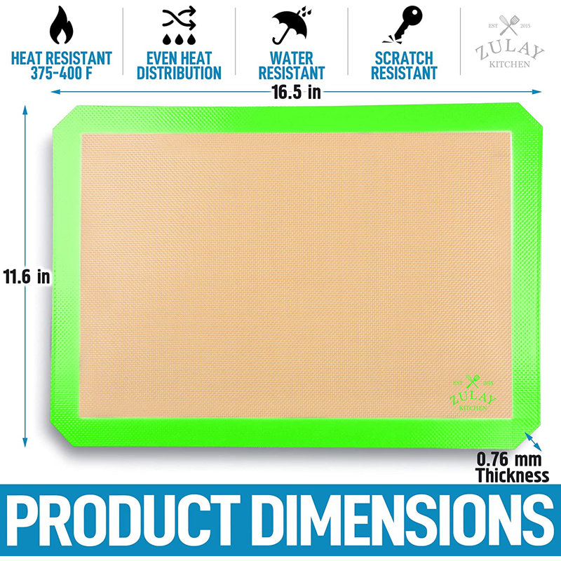 Zulay Kitchen Baking Mat 2 Pack Reusable Silicone Baking Sheet Nonstick, Light Green