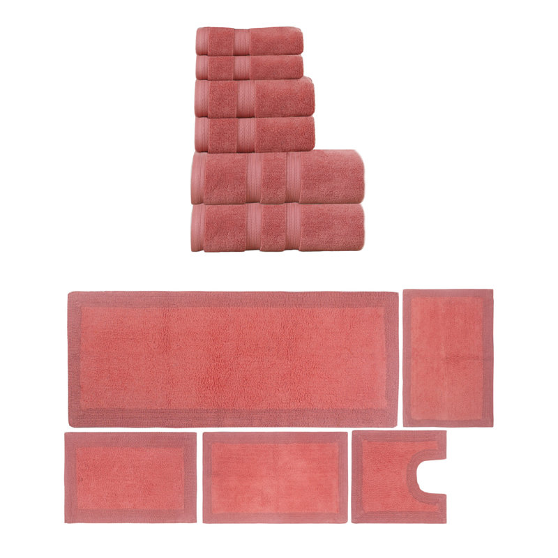 Buariki Collection 100% Soft Cotton 6 Pc Towel Set & 5 Pc Bath Rug Set, (Set of 11) Reversible, Coral