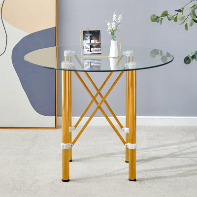 Elegant Transparent Round Glass Table -36 Inch Diameter Transparent Round Tempered Glass With Golden Metal Legs. Telescopic Metal Legs,Transparent Circular Glass Tabletop, Suction Cup Connection.