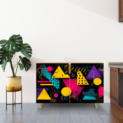 Sideboard Buffet Cabinet with Storage Seamless geometric retro 80s style Pop art triangles fashion style with 2 Doors for Living Room and Kitchen