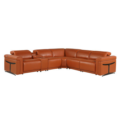 Camel Italian Leather Modular L Shaped Six Piece Corner Sectional With Console