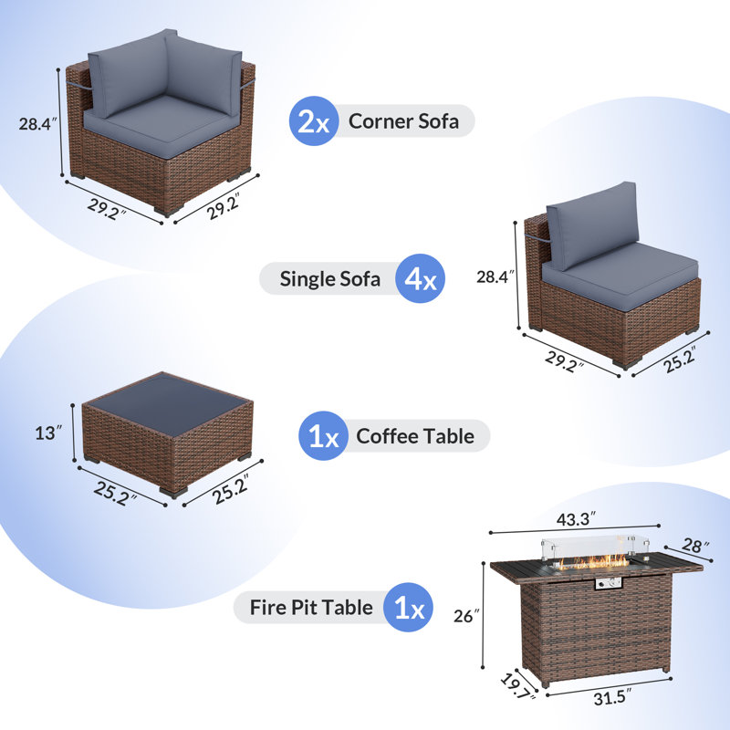 Babak Rattan Sectional Conversation Sets With Fire Pit Table, Coffee Table, Gray, 6