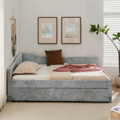 Full Size Curved Round Edge Padded Backrest Daybed, Vintage Nailhead Trim Chenille Daybed with Pull-out Trundle and USB Port
