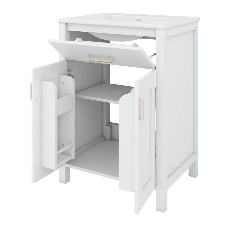 Armoire de salle de bain 24 po avec lavabo en céramique, étagère à deux niveaux avec tiroir basculant