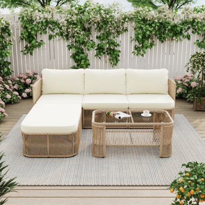 Ensemble de mobilier d'extérieur en rotin PE pour terrasse - Canapé de conversation en osier beige foncé avec table basse et tablette de rangement en verre, structure en fer, modulaire pour jardin ou balcon