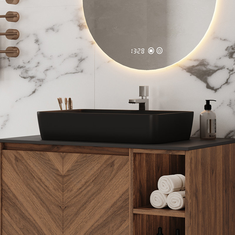 19.69" x  13.39" Rectangular Ceramic Vessel Bathroom Sink, Above-Counter Vanity Sink with Standard 1.75" Drain Opening, Black