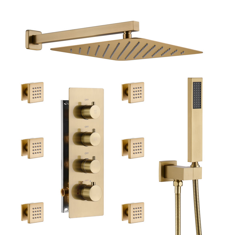 Brushed Gold Dual Square Wall Mounted Shower System with Body Jets
