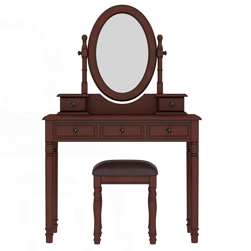Ensemble de coiffeuse avec miroir à angle réglable, ensemble de coiffeuse et tabouret rembourré, Noyer