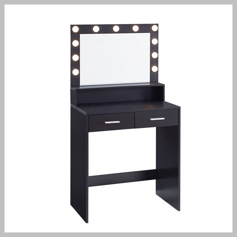 Bureau de coiffeuse avec miroir et lumières, coiffeuse avec grand tiroir, commode de rangement à 2 niveaux et 3 modes d'éclairage à luminosité réglable, convient à la chambre à coucher (noir)
