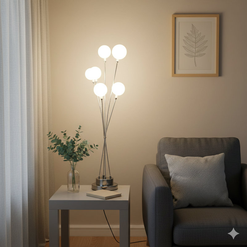 Lampe de table sphérique en métal chromé argenté à 6 lumières 27,5 po Aluminun, Argent argent