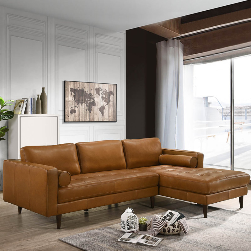 102" Genuine Leather Sectional, Mid-Century Modern L-Shaped Sofa with Chaise, Right Hand Facing