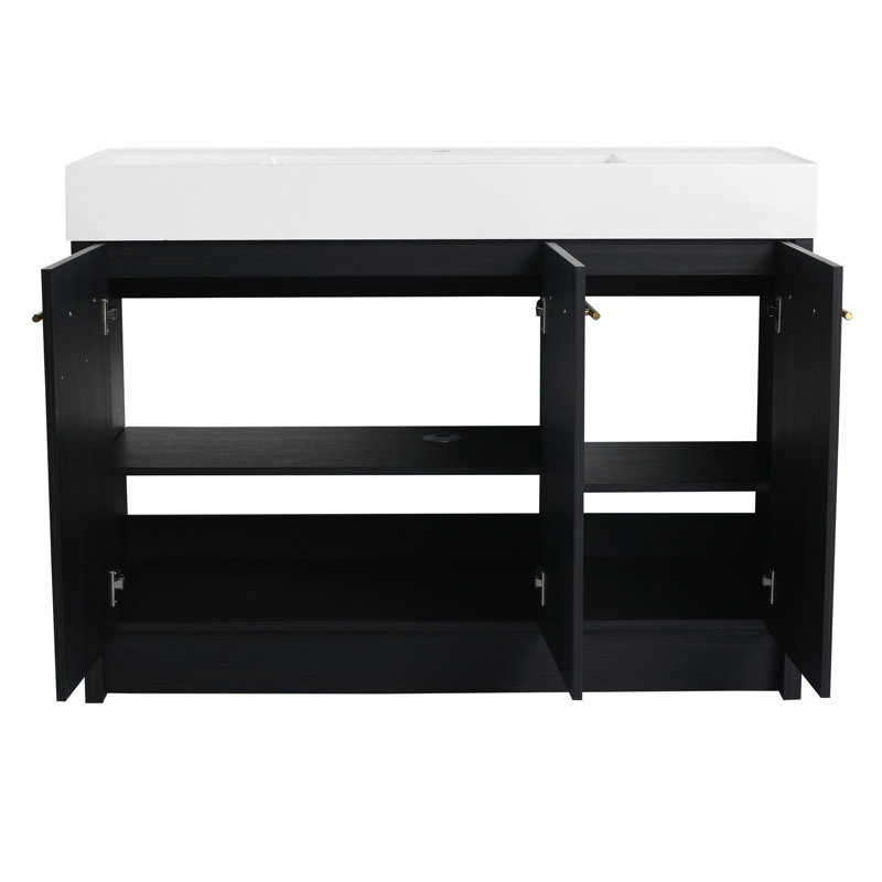 Meuble-lavabo de 48 po avec lavabo en résine, porte Calmly, élément moderne, pièce de salon en châtaignier noir, dispositif autoportant en contreplaqué