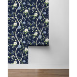 Luxe Haven Navy Blue & Spring Green Floral Trail Peel And Stick Wallpaper