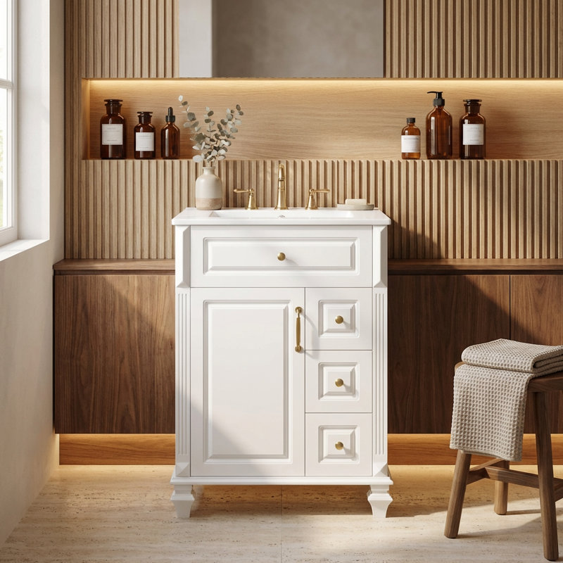 Compact Freestanding Bathroom Vanity with Ceramic Sink and Ample Storage, Featuring Flip-Out Drawer and Adjustable Shelving for Modern Bathroom Organization