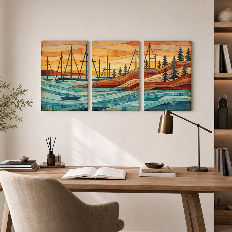 Ensemble de 3 toiles murales représentant des voiliers et des pins à l'aspect bois, 24"H x 16"W x 3pcs