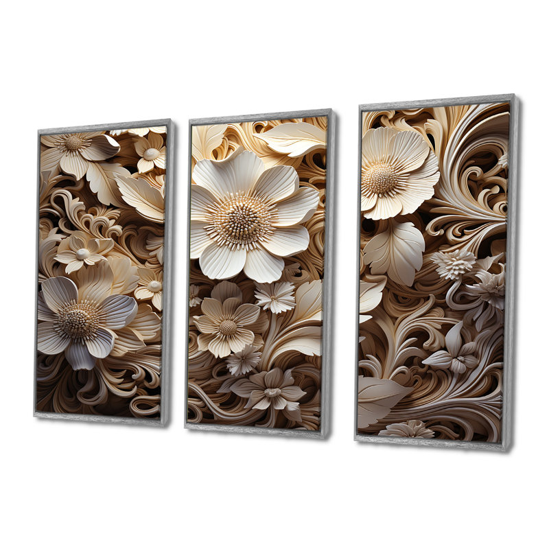 Ensemble de motifs floraux floraux à motifs organiques - Fleurs, H 32 po x l 48 po x P 1 po, Encadrement argenté