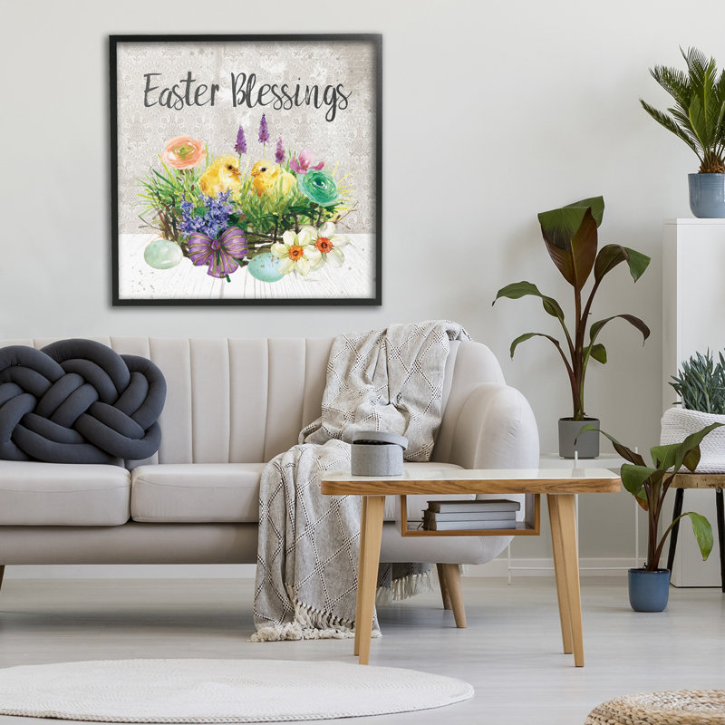 Giclée de Pâques, panier de fleurs encadré, design par Carol Robinson, H 24 po x l 24 po, Giclée encadrée noir minuit