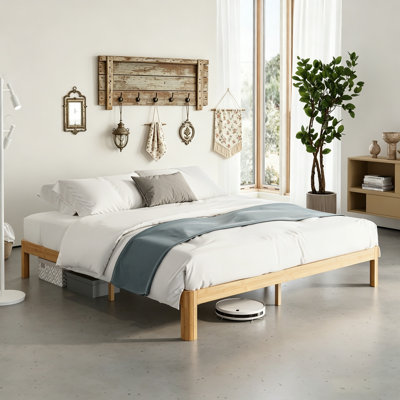 12 Inch Solid Wood King Size Bed Frame, Platform Bed Frame With Underbed Space For Storage, No Box Spring Needed, Easy Assembly, Light Yellow