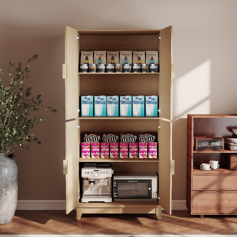 71" Tall Wooden Pantry Cabinet with Adjustable Shelves and 4 Doors – Freestanding Kitchen Storage Cabinet for Dining Room, Living Room, Bathroom