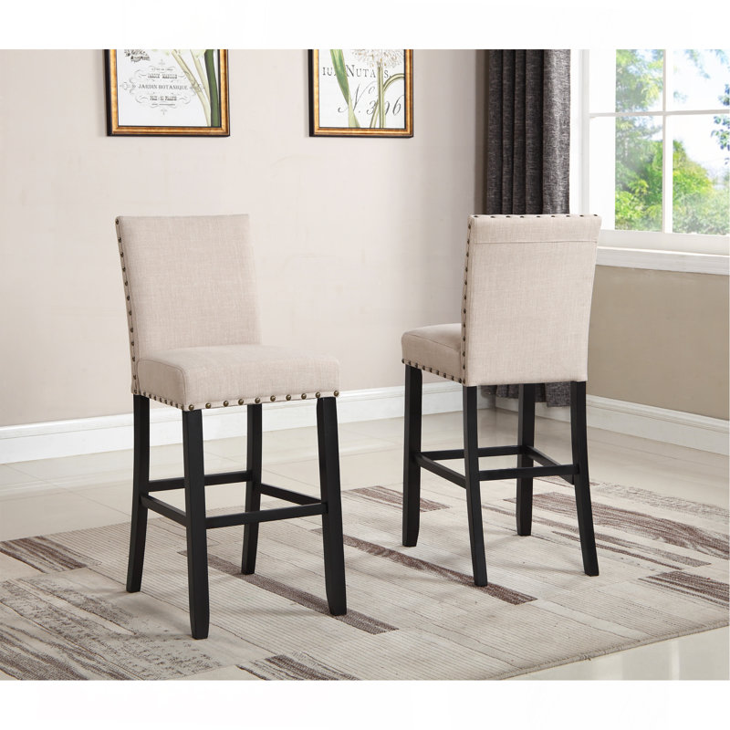 Biony Fabric Bar Stools With Nailhead Trim, Set Of 2, Tan