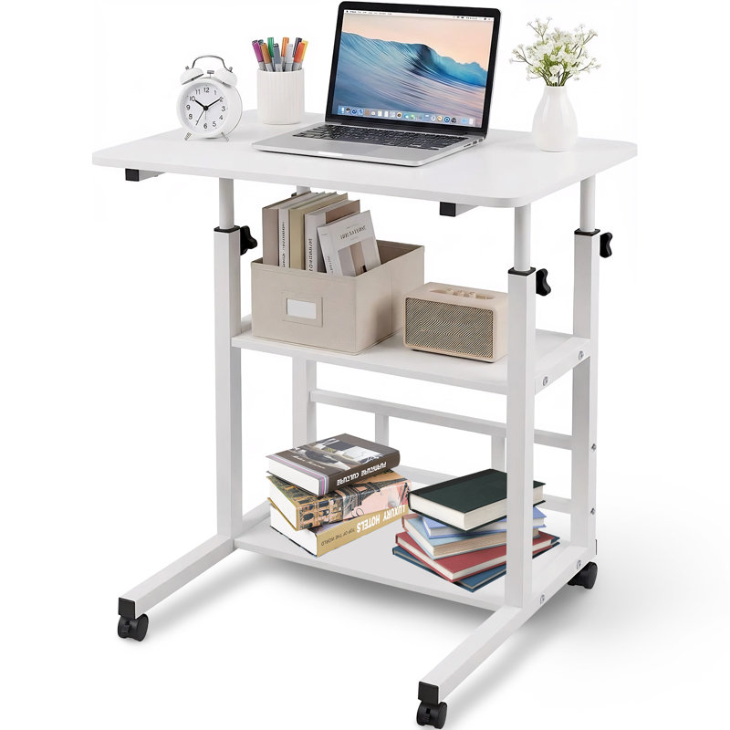Mobile Rolling Computer Desk, Adjustable Height Desk with Storage Shelf