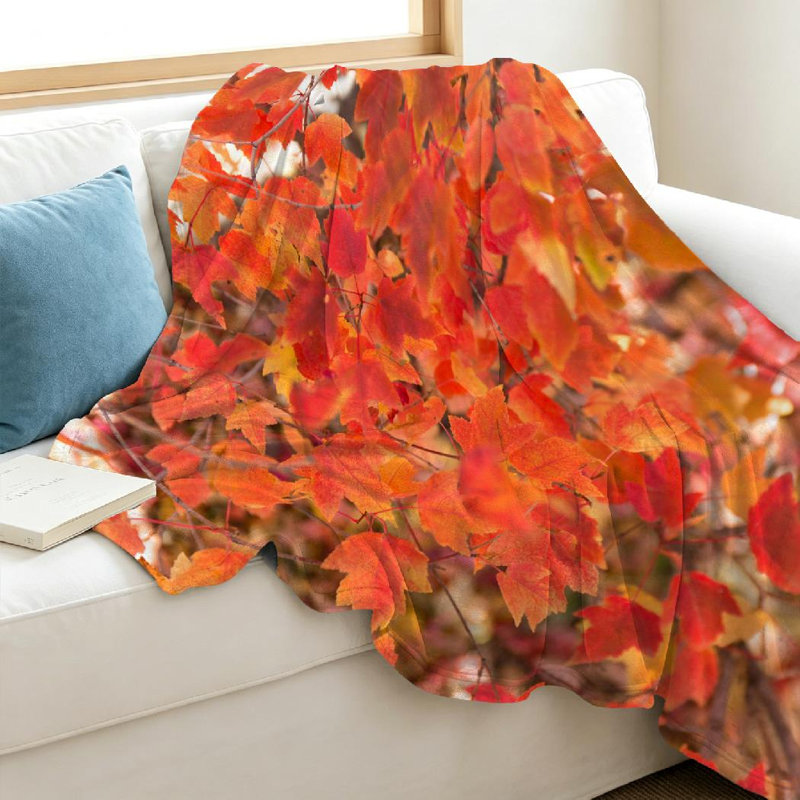 Jeté en molleton de flanelle orange ultra doux, imprimé de feuilles d'automne coloré sur un côté, Jeté 40 po x 50 po