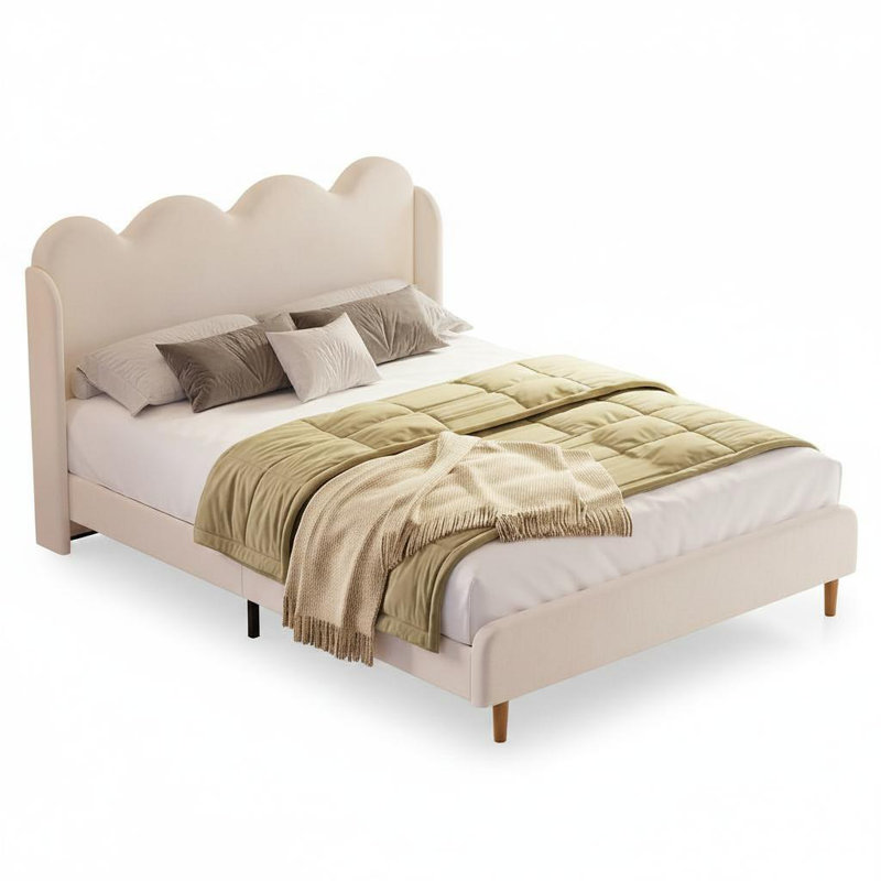 Grand lit plateforme à oreilles en velours avec tête de lit capitonnée festonnée, support de lattes en bois robuste, silencieux, sans sommier tapissier, blanc